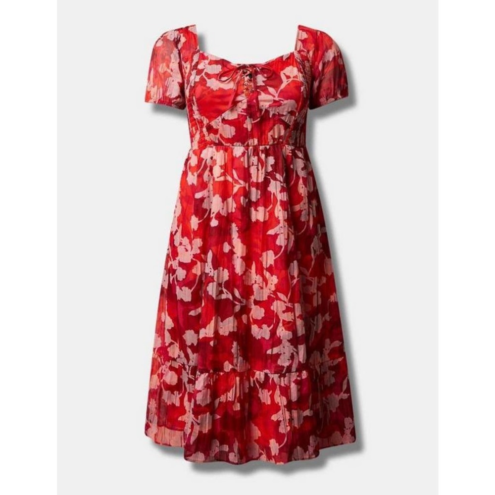 Torrid Women's Red Rose Floral Sweetheart Neck Lace Up Smocked Midi Dress NWT - Picture 5 of 5
